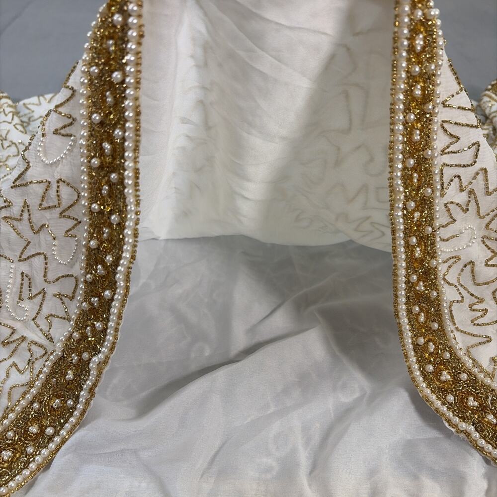 Laurence Kazar Ivory & Gold Sequined Beaded Pearl Silk Blouse Luxury XXL Charity - Picture 7 of 10